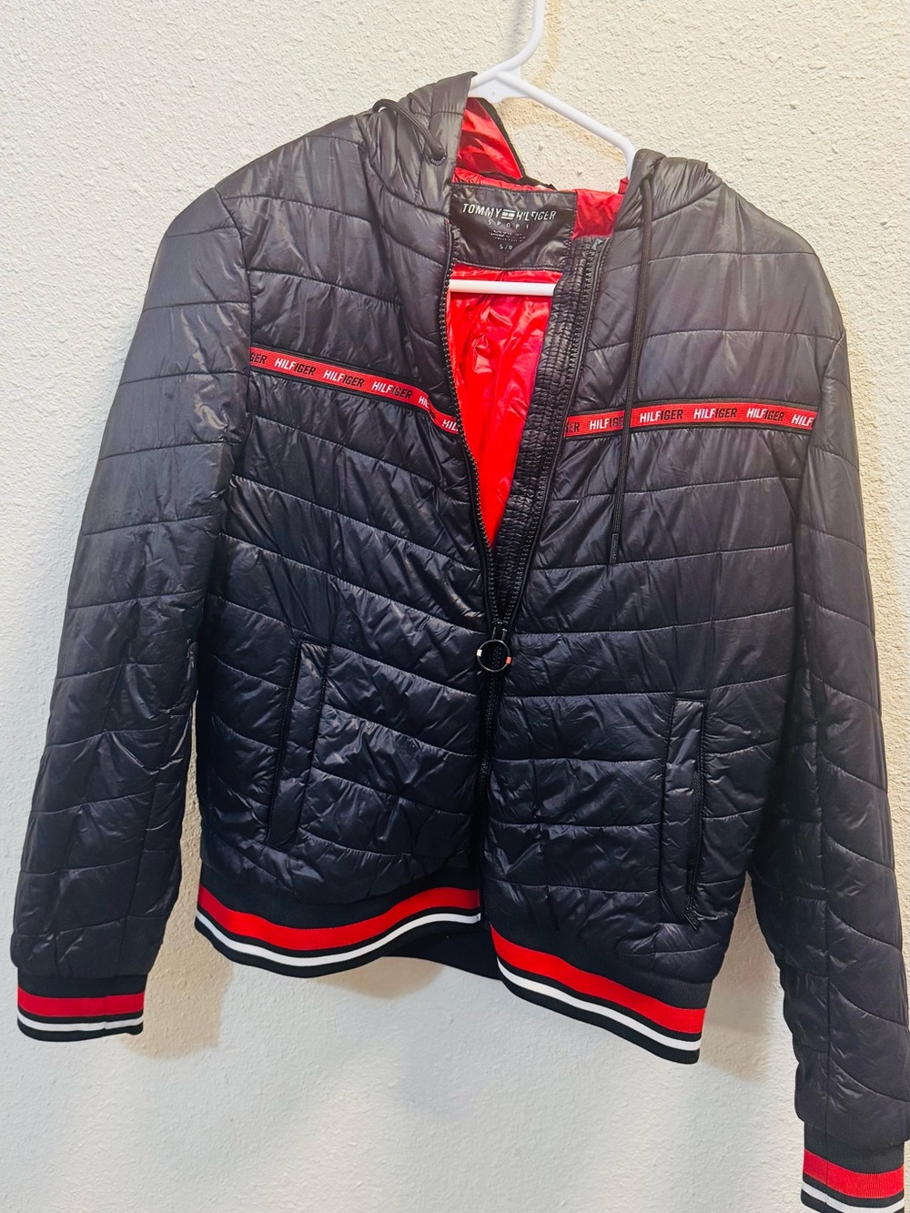 Tommy Hilfiger Kids Black Quilted Hooded Puffer with Red Trim